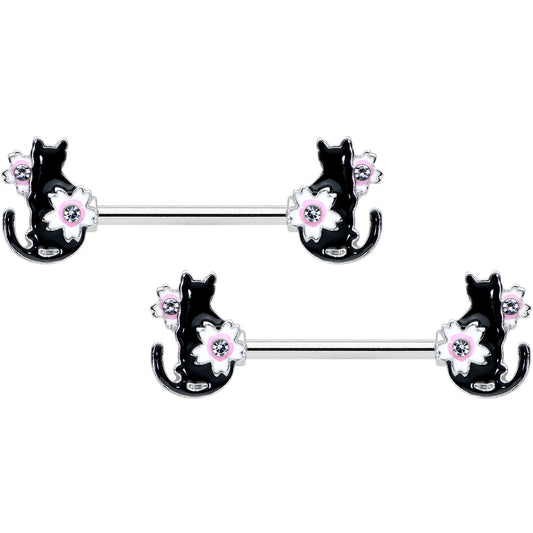 14G 9/16 Clear Gem Flowers Black Cat Barbell Nipple Ring Set