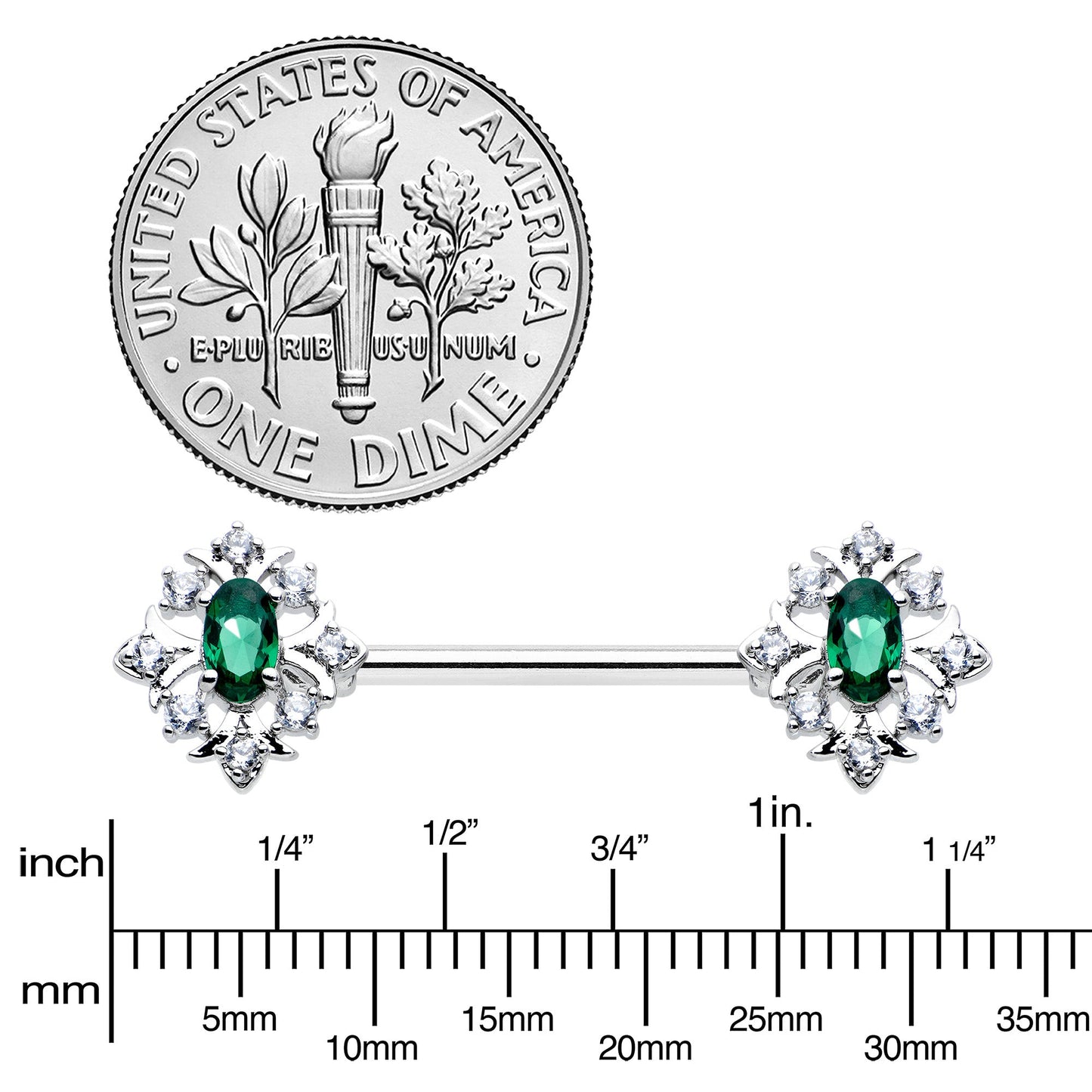 14G 9/16 Clear Green Gem Ornate Art Deco Barbell Nipple Ring Set
