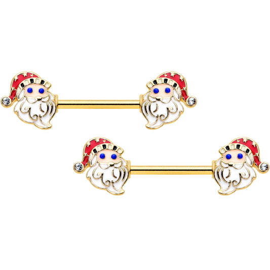 14G 9/16 Clear Gem Gold Hue Happy Santa Christmas Nipple Ring Set