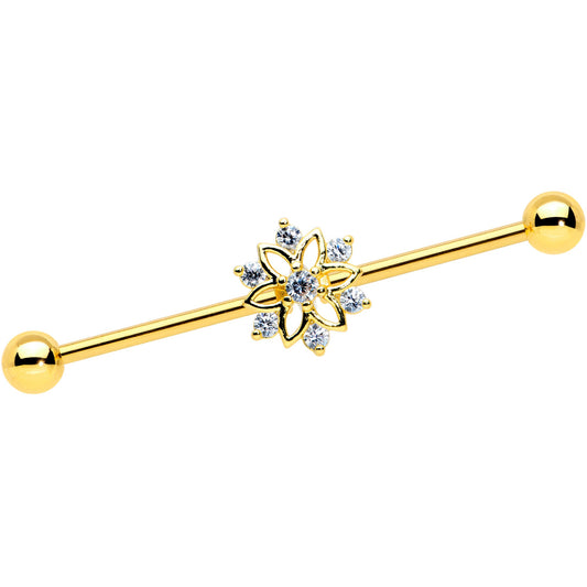 14G Clear Gold Tone Flower SnowflakeChristmas Industrial Barbell 38mm