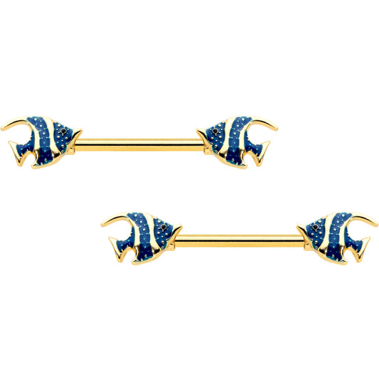 14G 9/16 Gold Tone Blue Stripe Adorable Angelfish Nipple Ring Set