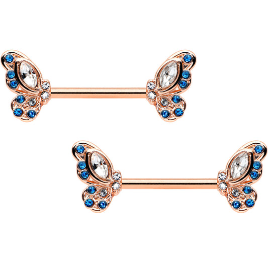 14G 9/16 Clear Blue Gem Rosy Tone Butterfly Wing Nipple Ring Set