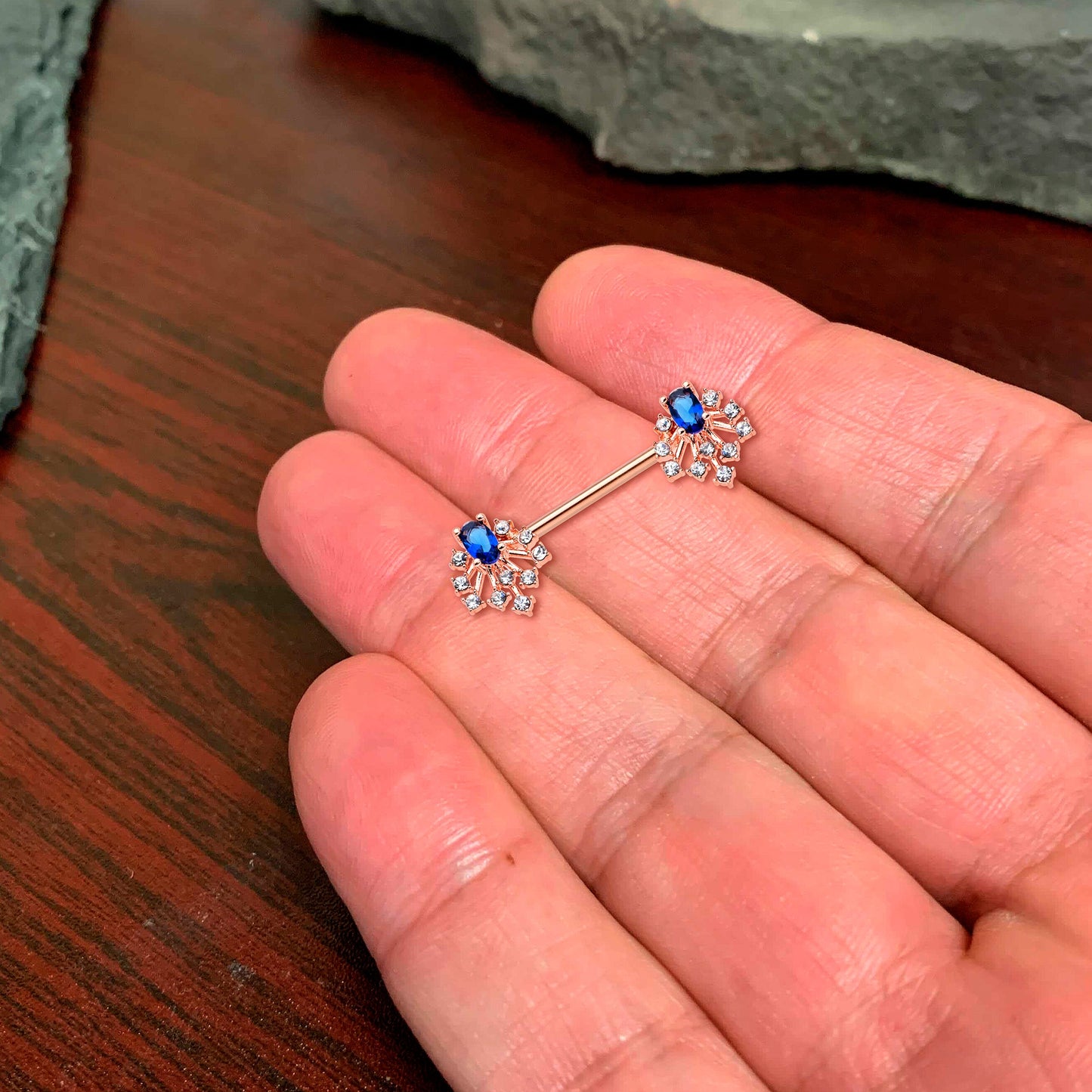 14G 9/16 Blue Gem Rosy Tone Glam Flare Barbell Nipple Ring Set