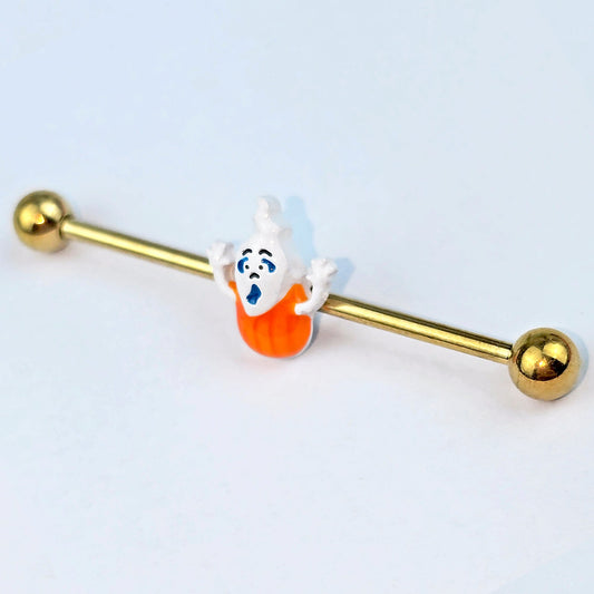 14G Gold Tone Pumpkin Haunter Ghost Industrial Barbell 38mm