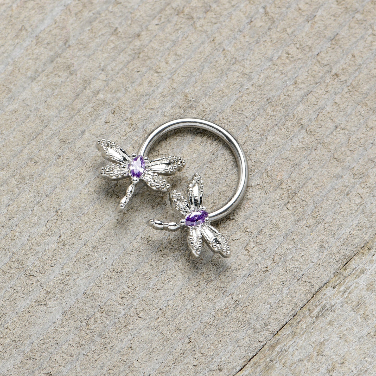 16G 3/8 Purple CZ Gem Open Dragonfly Horseshoe Circular Barbell