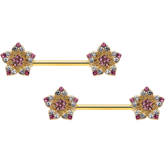 14G 9/16 Pink Gem Gold Tone Texture Star Barbell Nipple Ring Set