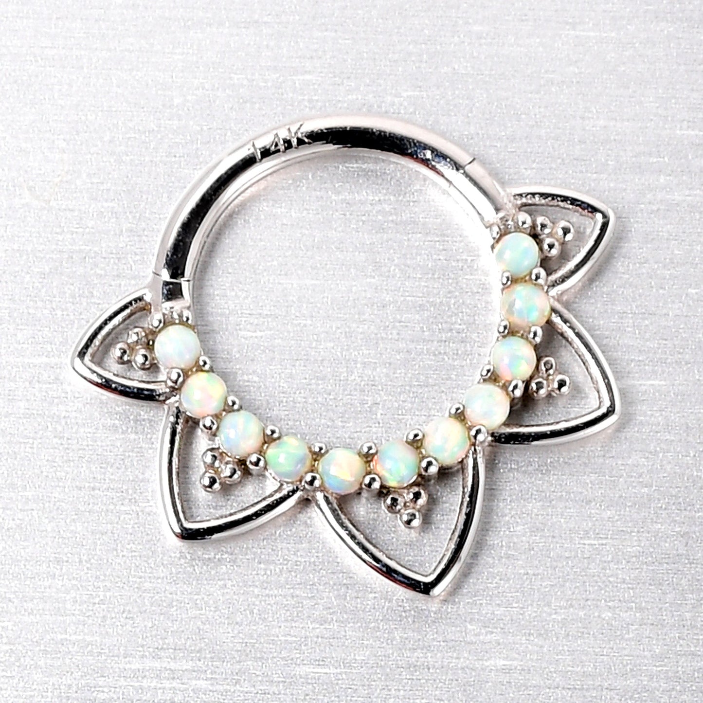 16G 5/16 White Synthetic Opal 14k White Gold Filigree Hinged Segment Ring