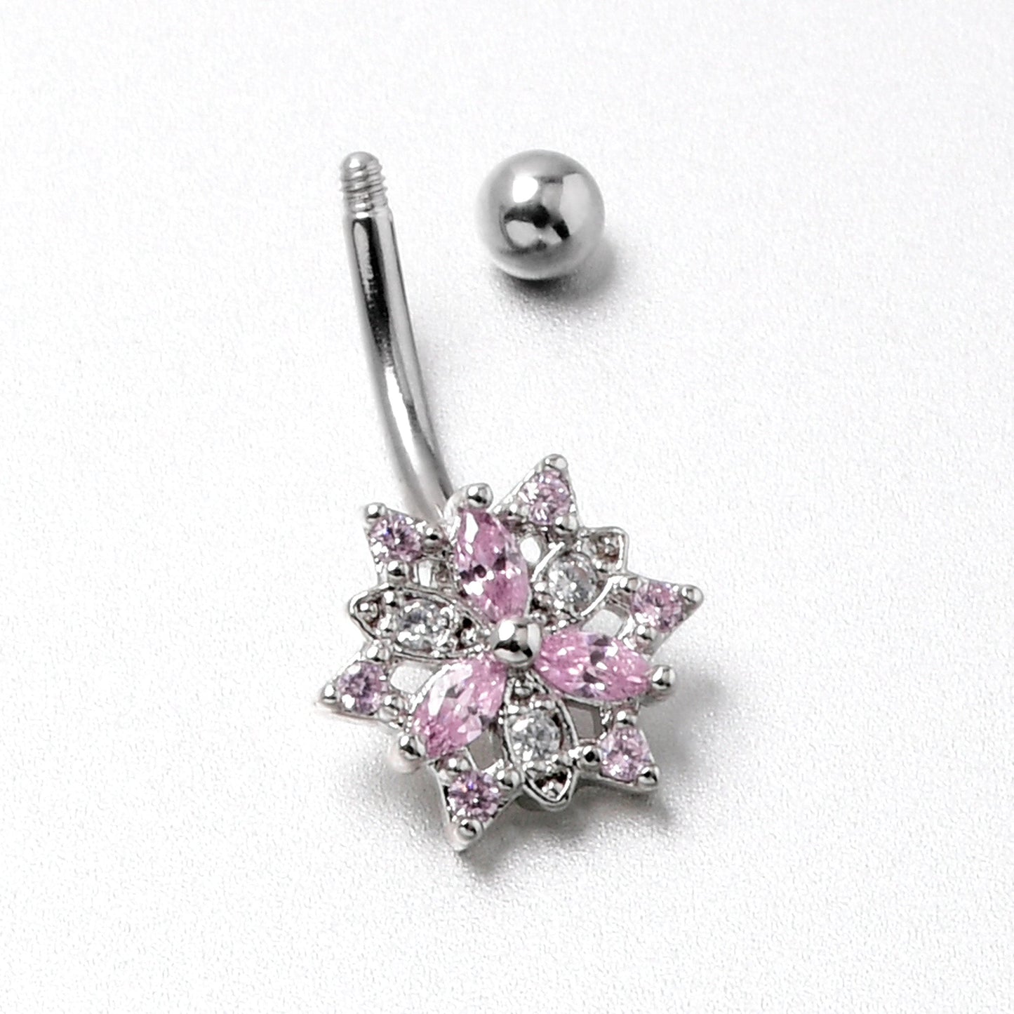 16G 5/16 Pink Clear CZ Gem Snowflake Style Curved Eyebrow Ring
