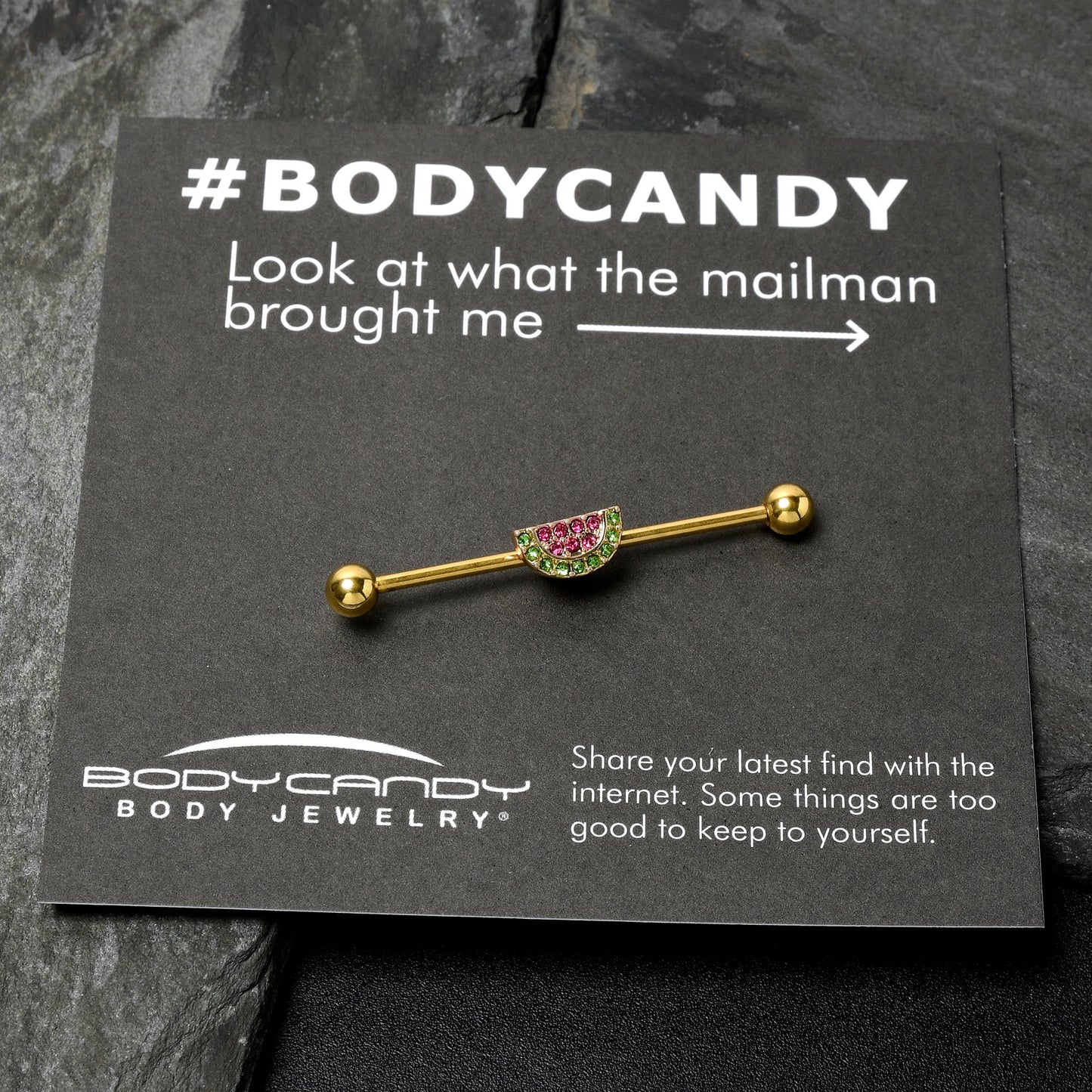 14G Pink Green Gem Gold Hue Watermelon Yum Industrial Barbell 38mm