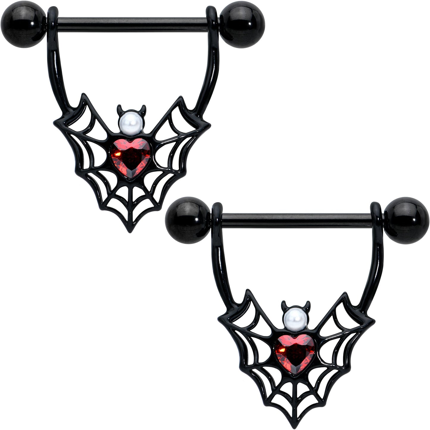 14G 11/16 Red Gem Black Gothic Bat Heart Nipple Shield Set