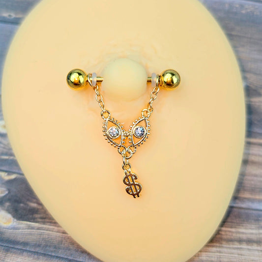14G 9/16 Gold Tone Dollar Sign Chain Dangle Nipple Ring Set