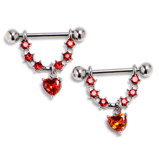 14G 9/16 Red Gem Stars And Hearts Dangle Nipple Ring Set