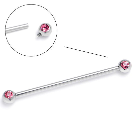 14G Pink Gem Internally Threaded Industrial Barbell 38mm