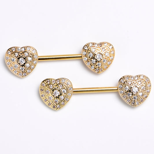 14G 9/16 Clear CZ Gem Gold Tone Luxe Heart Barbell Nipple Ring Set