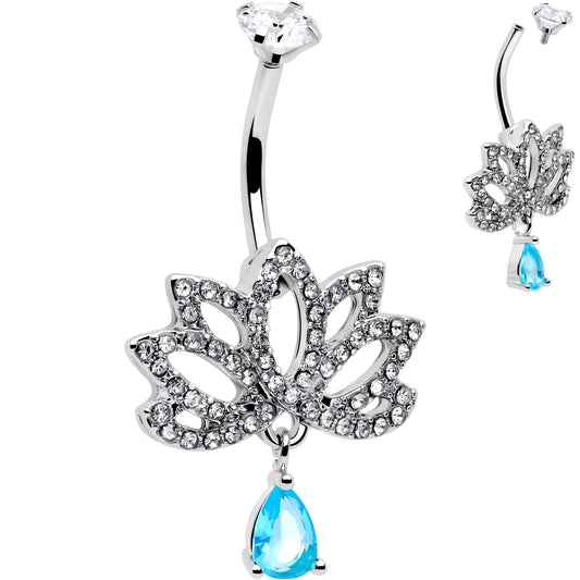 Clear Blue CZ Gem Fashion Flower Lotus Flower Dangle Belly Ring