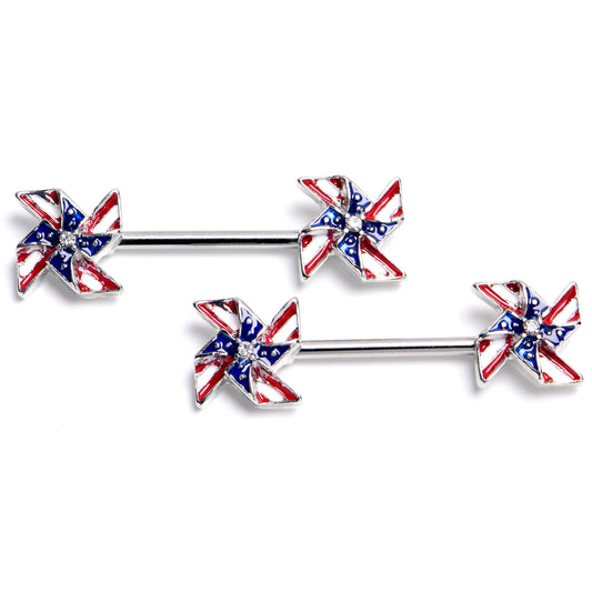 14G 9/16 Clear Gem Festive Patriot Pinwheel Barbell Nipple Ring Set