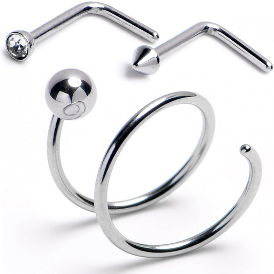 20G Gem Spike L-Shape Nose Ring Ball Twister Double Nose Hoop Ring 3 Pack