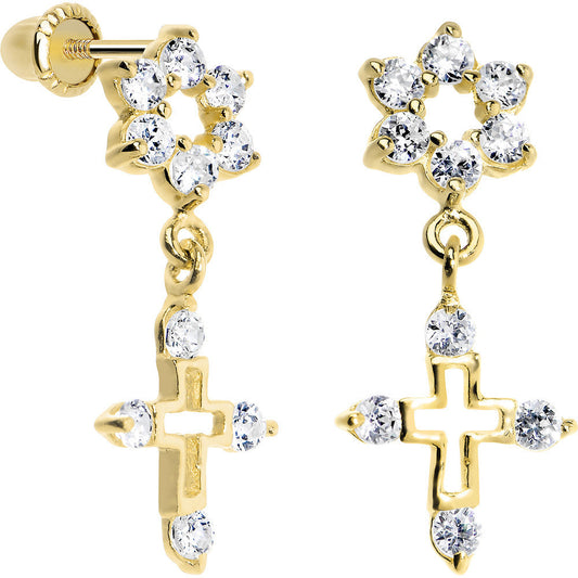 14K Yellow Gold Clear CZ Flower Cross Dangle Youth Earrings