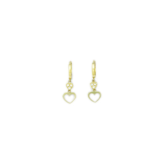 14k Yellow Gold CZ Dual Heart Huggy Earrings