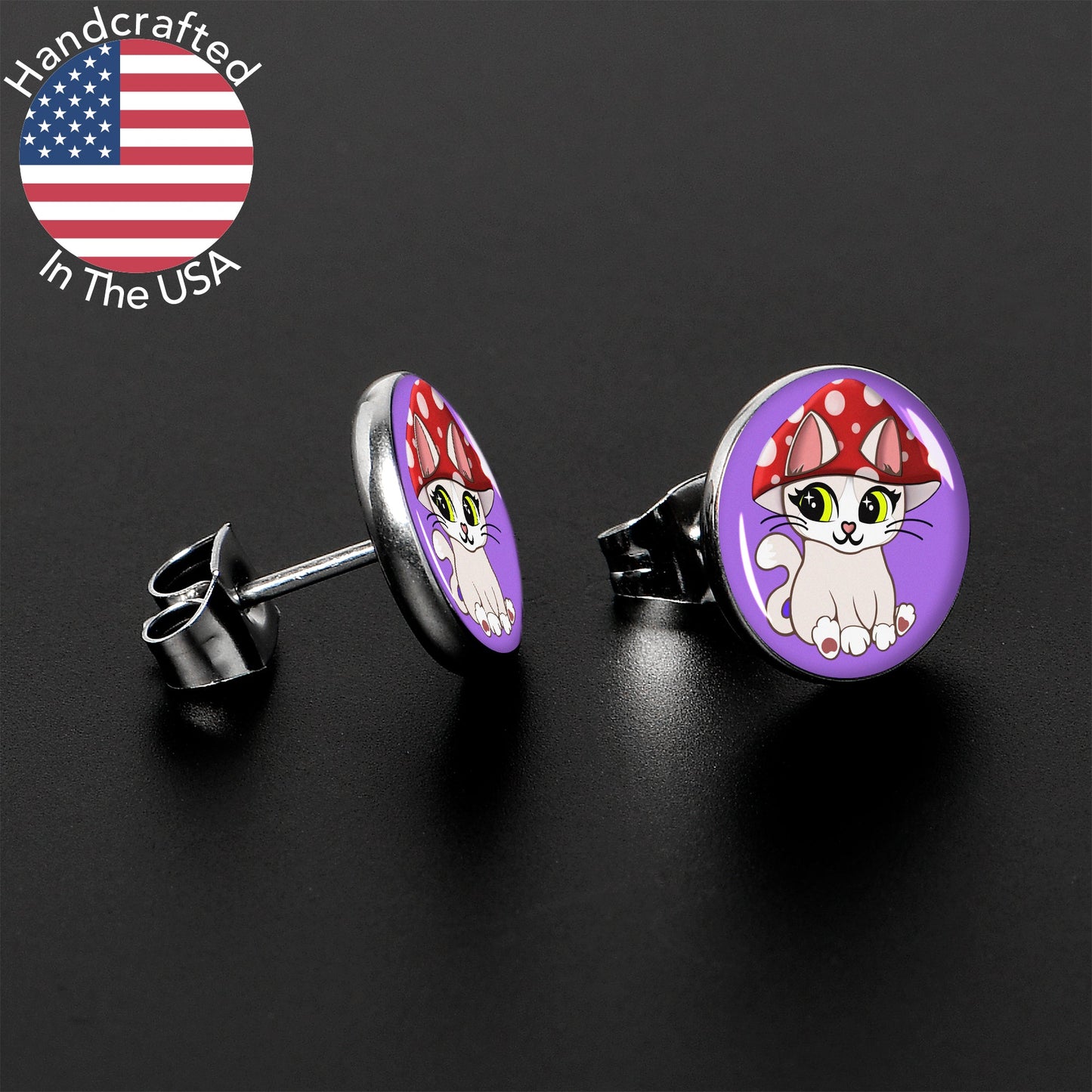 Polka Dot Mushroom Hat Cat Stud Earrings by Onyx O