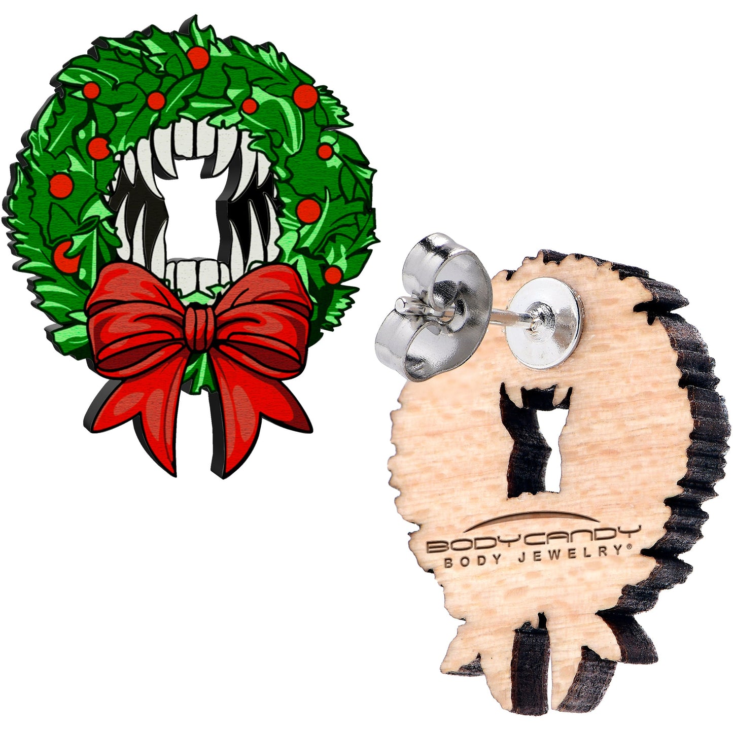 Handmade Wooden Vampire Wreath Holiday Christmas Stud Earrings by Onyx O