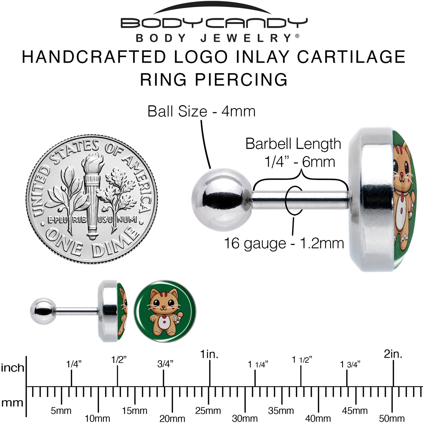 Christmas Holiday Gingerbrread Kitty Cat Tragus Cartilage Earring by Onyx O