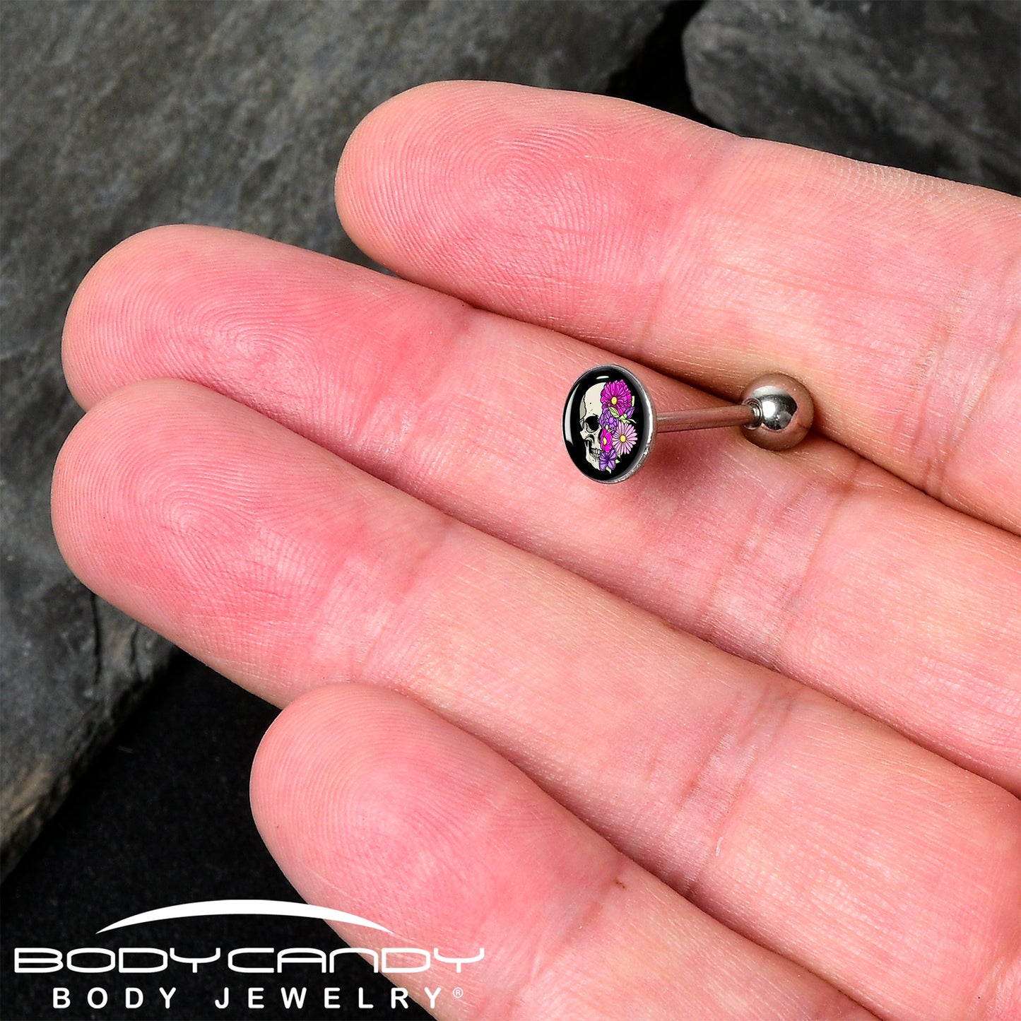Floral Flowers Skull Barbell Tongue Ring by Onyx O