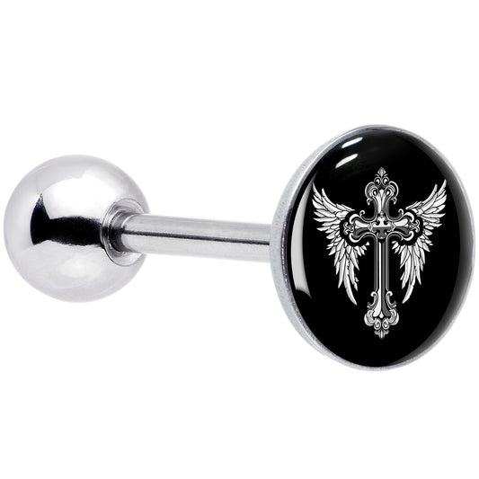 Black White Winged Cross Barbell Tongue Ring by Onyx O