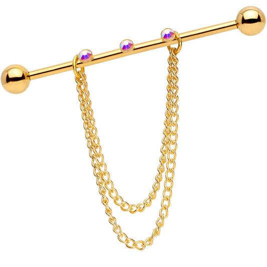 14G Handmade Aurora Gem Gold Tone Chain Dangle Industrial Barbell