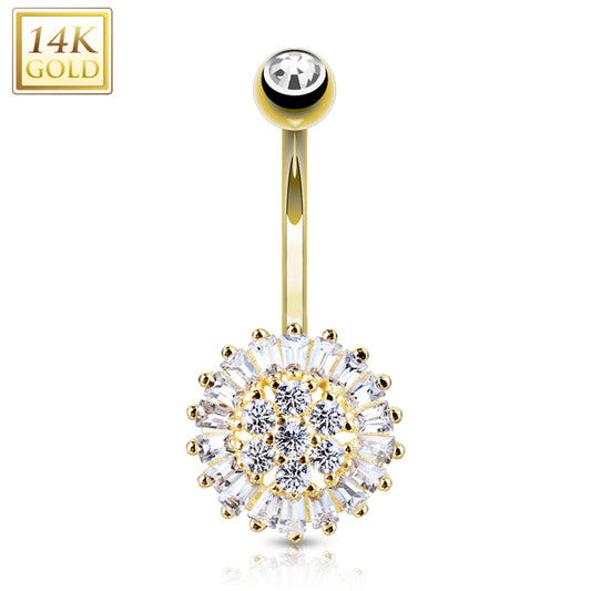 14k Solid Yellow Gold Cubic Zirconia Sunflower Belly Ring