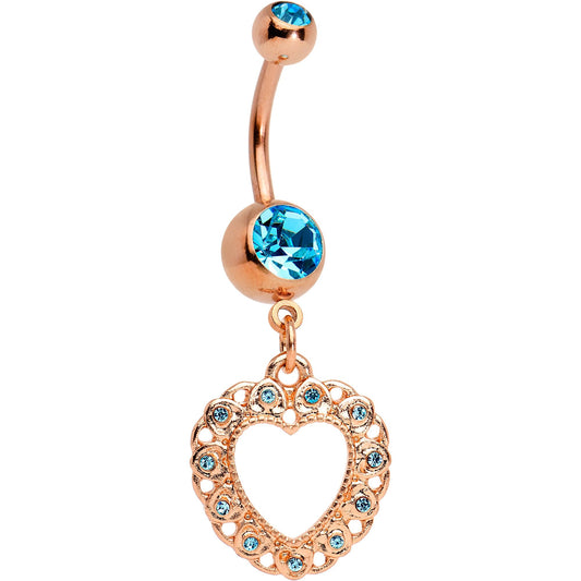 Aqua Gem Rose Gold Tone Anodized Lacey Hollow Heart Dangle Belly Ring