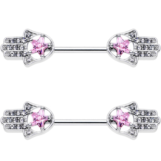 14G 9/16 Pink Gem Star Hamsa Hand Barbell Nipple Ring Set