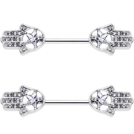 14G 9/16 Clear Gem Star Hamsa Hand Barbell Nipple Ring Set