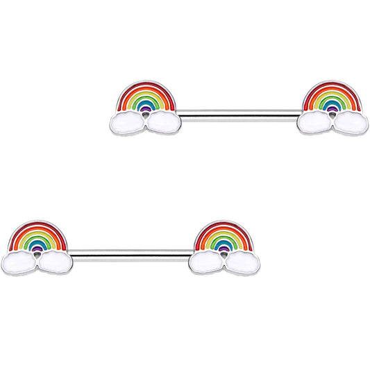 14G 9/16 No Rain Rainbow Barbell Nipple Ring Set