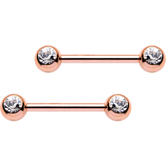 14G 9/16 Clear Gem Rose Gold PVD Barbell Nipple Ring Set