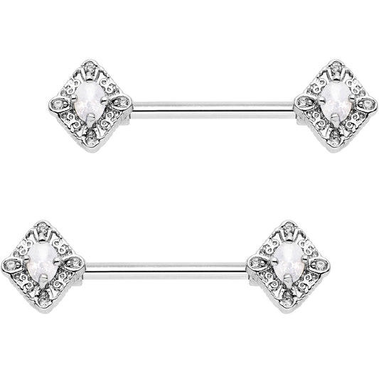 9/16 Clear White Gem Rococo Rhombus Barbell Nipple Ring Set