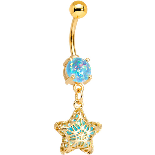 Aqua Faux Opal Gold Tone Anodized Captive Star Dangle Belly Ring